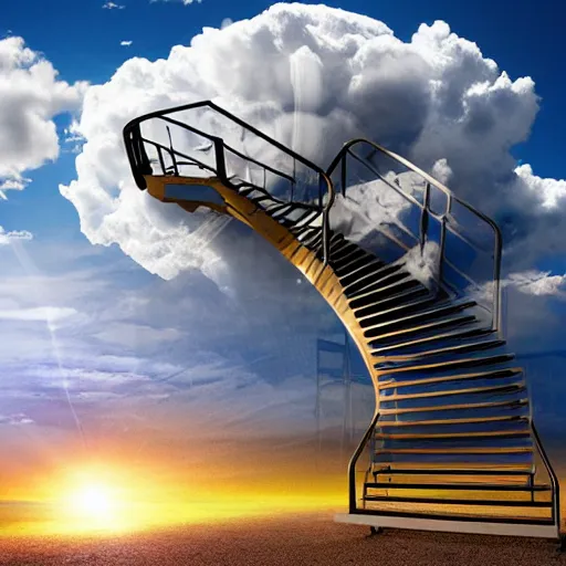 Image similar to environment made out of pc cooling equipment, heavenly, a spiral staircase in the middle, clouds and dust