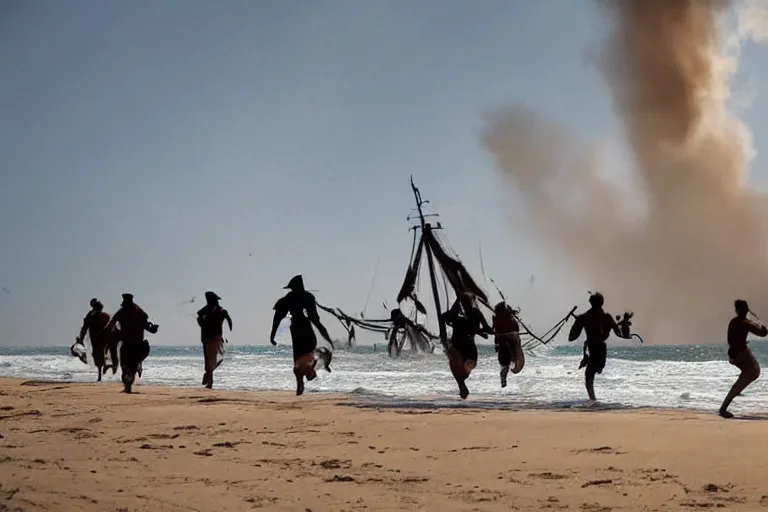 Image similar to closeup pirate crew running down beach as pirate ship fires canons, sand explosion 2 0 0 mm by emmanuel lubezki