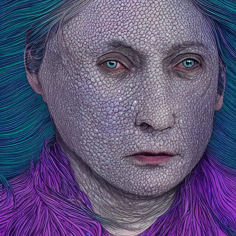 Image similar to dark underwater portrait of one bioluminescent old woman, with cracked reaction diffusion transparent skin. multicolored fish scales, face closeup. long intricate dark hair. good face proportions. with many jellyfishes. very high detail, illustration, by alex grey and ilya kuvshinov