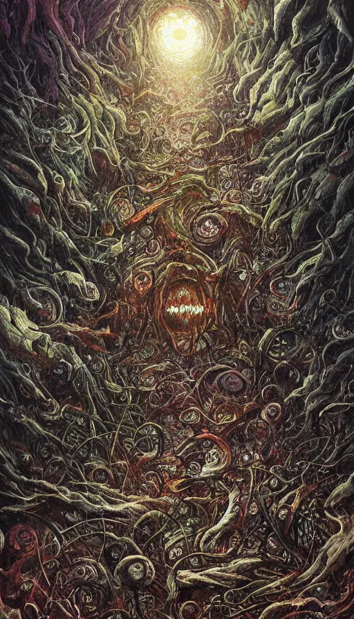 Image similar to a storm vortex made of many demonic eyes and teeth over a forest, by android jones,