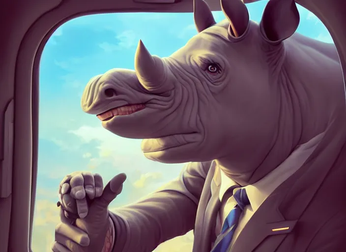 Image similar to character portrait feature of the anthro male anthropomorphic rhino fursona wearing airline pilot outfit uniform professional pilot character design stylized by charlie bowater, ross tran, artgerm, and makoto shinkai, detailed, soft lighting, rendered in octane, maldives in background