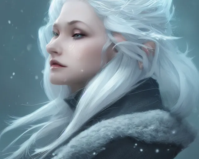 Image similar to a beautiful snow sorceress, flowy white grey hair, grey eyes, winter, frozen, snow, cinematic lighting, highly detailed, digital painting, trending on artstation, pixiv, concept art, sharp focus, illustration, art by ross tran and wlop, dark art