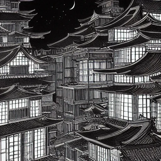 Image similar to a beautiful ink painting of buildings in japanese traditional style, in the style of hiroshi yoshida, at night, light effect, detailed, high - definition, exquisite isolated very detailed, moody lighting, 8 k highly detailed, trending on artstation