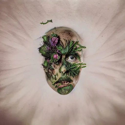 Image similar to a beautiful detailed front view portrait of a rotten woman corpse with fractal plants and fractal flowers growing around, volumetric light, beautiful lit, polaroid photography