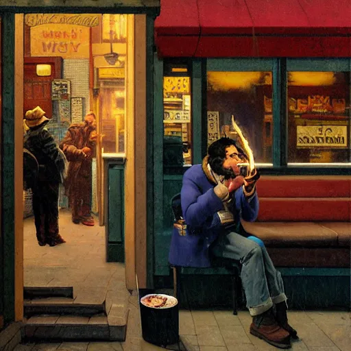 Image similar to a man in a shearling denim jacket smokes a lit cigarette outside a lonely colorado bar at 1 am, high quality high detail art by angus mcbride & n. c. wyeth, hd, realistic, photorealistic lighting, composition inspired by gregory crewdson.