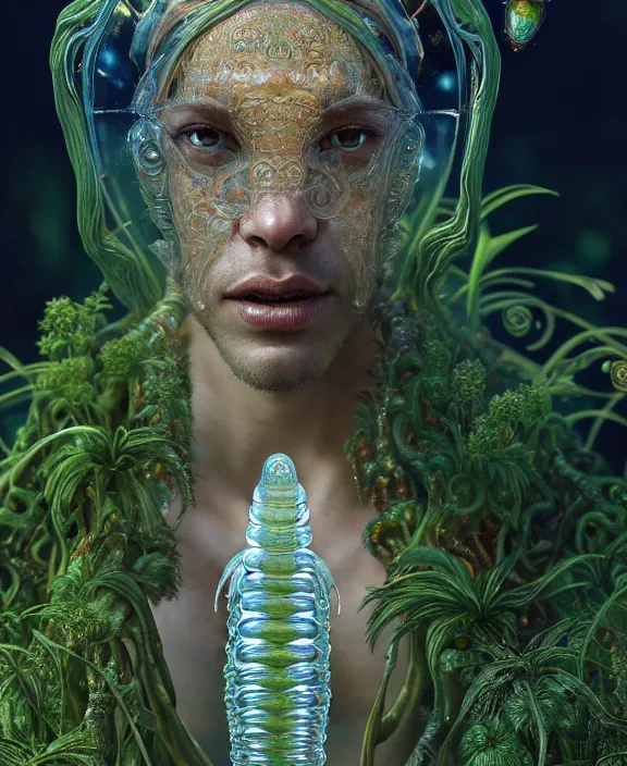 Prompt: intricate ornate opulent transparent clear see - through portrait of a terrifying beautiful male alien centipede, mottled coloring, adorable, childlike, overgrown jungle environment, ultra realistic, concept art, art nouveau, photorealistic, octane render, 8 k, unreal engine. art by christopher marley and artgerm and greg rutkowski and alphonse mucha