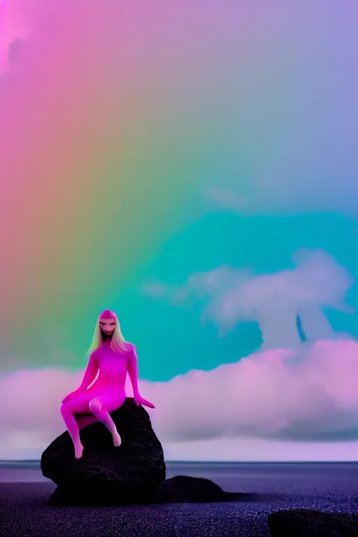 Image similar to high quality pastel coloured film close up wide angle photograph of a model wearing clothing swimming on cloud furniture in a icelandic black rock!! environment in a partially haze filled dreamstate world. three point light, rainbow. photographic production. art directed. pastel colours. volumetric clouds. pastel gradient overlay. waves glitch artefacts. extreme facial clarity. 8 k. filmic.