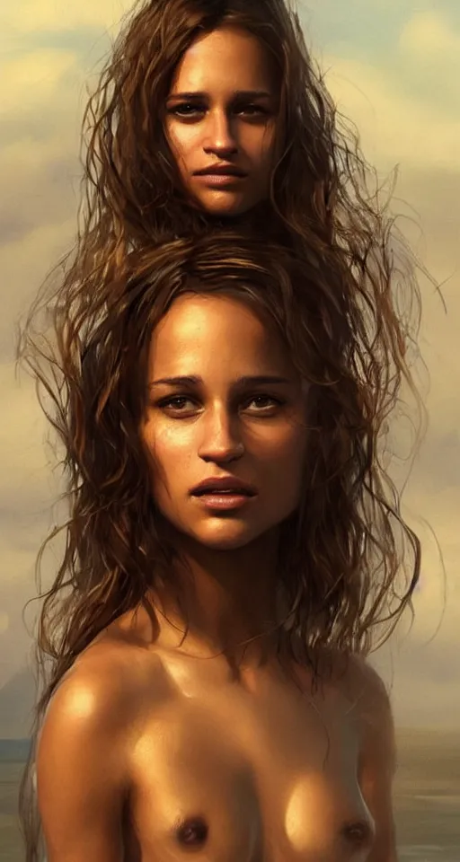 Prompt: Alicia Vikander with wet hair stands on a beach, no noise, elegant, concept art, sharp focus, digital art, smooth defined outlines!!, by Brom, trending on Artstation, Tom Bagshaw, Sargent