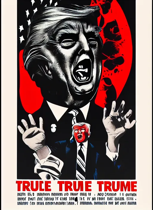 Image similar to Donald Trump's true form on a 1960s horror movie poster , vintage 60s print, detailed, scary, horror, screen print, trending on artstation