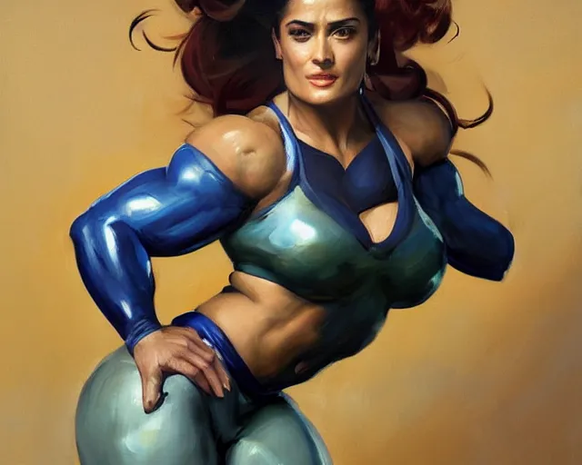 Prompt: greg manchess portrait painting of smug salma hayek as beautiful thick female bodybuilder zarya from overwatch, medium shot, asymmetrical, profile picture, organic painting, sunny day, matte painting, bold shapes, hard edges, street art, trending on artstation, by huang guangjian and gil elvgren and sachin teng