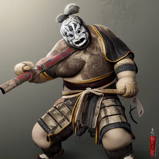 Prompt: faceless, tetsubo wielding masked female shugoki o - yoroi, komainu kabuto, forhonorgame, rikishi, ukiyo - e, cgsociety, hajime sorayama