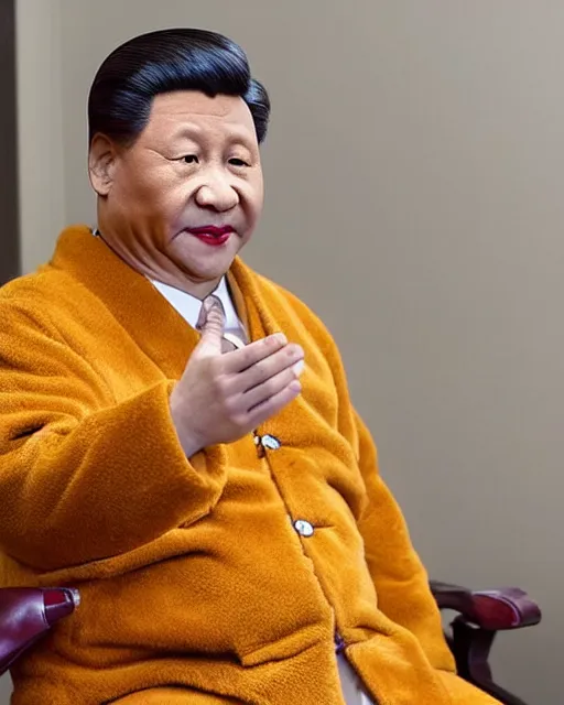 Prompt: president xi jinping in a makeup test as winnie the poo, makeup and prosthetics designed by rick baker, highly detailed, photorealistic