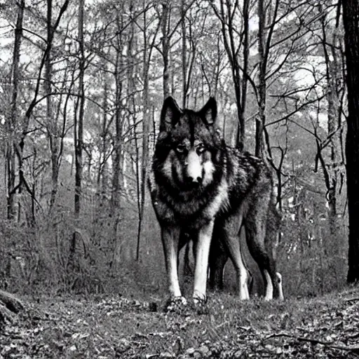 Image similar to trailcam footage of giant huge enormous wolf at night, black and white