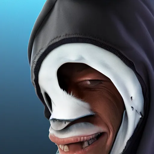 Image similar to a highly detailed, portrait of a man with black hair with a black medical mask, in a hood in the form of a blue shark with white teeth, artstation, DeviantArt, professional, octane render, digital art