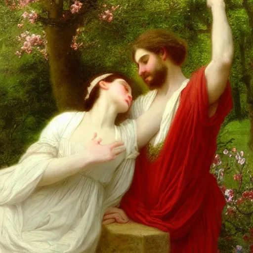 Image similar to Springtime, by Pierre-Auguste Cot, depicting two men in love dressed in white robes