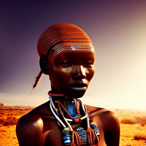 Prompt: beautiful futuristic himba woman, robotic arms, weightless in space, hyperrealistic, scifi, concept art, photograph, portrait, backlit