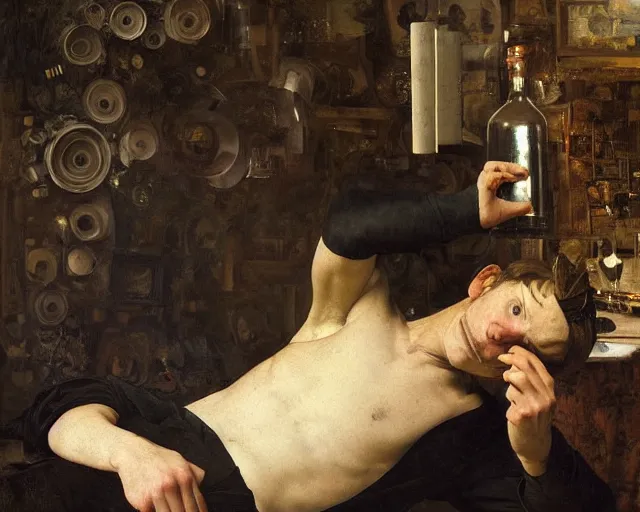 Image similar to an exhausted painter in his studio with a whiskey bottle by edgar maxence and caravaggio, intricate painting, hyper realistic, extremely detailed and beautiful aesthetic face, 8 k resolution