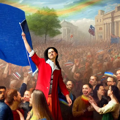 Prompt: i highly detailed photo of ben shapiro waving a rainbow flag in the middle of a crowd, historic painting, high definition, high quality painting, detailed face, detailed body, full body