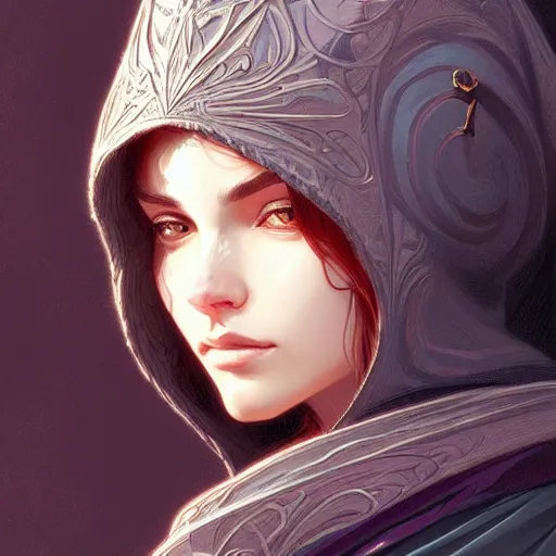 Prompt: portrait of cat wizard wearing a hood, face, fantasy, intricate, elegant, highly detailed, digital painting, artstation, concept art, smooth, sharp focus, illustration, art by artgerm and greg rutkowski and alphonse mucha