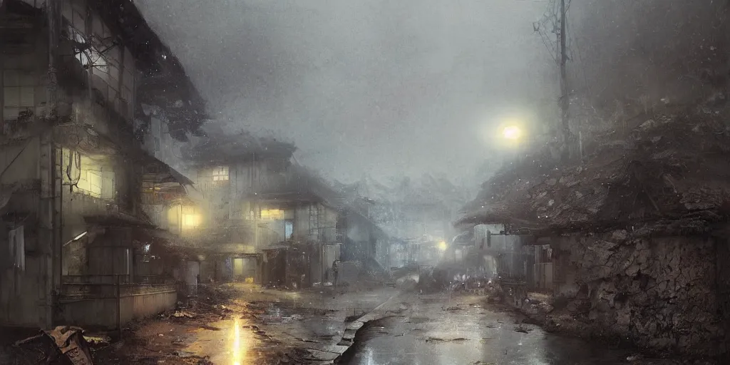 Image similar to walking around dilapidated ikeshima island, nagasaki, japan. volumetric lighting, rain, spring night, dark overcast weather, realistic illustration, perfectly shaded, soft painting, art by krenz cushart and wenjun lin