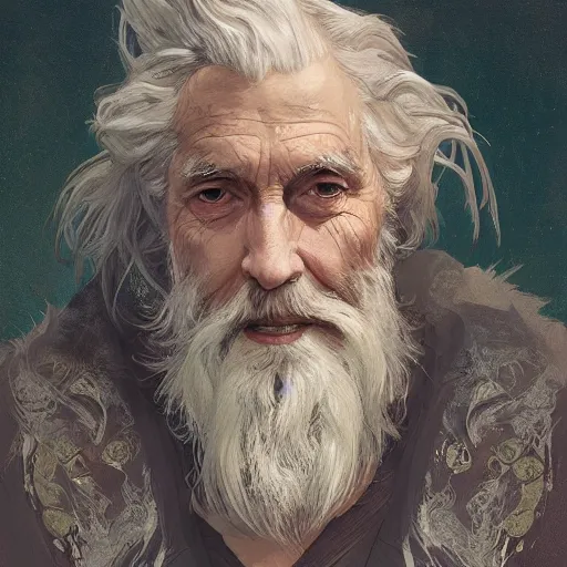 Prompt: Portrait of elderly wizard with white curling beard wearing tattered robes, waist high, intricate, wild, highly detailed, digital painting, artstation, concept art, smooth, sharp focus, illustration, art by artgerm and greg rutkowski and alphonse mucha