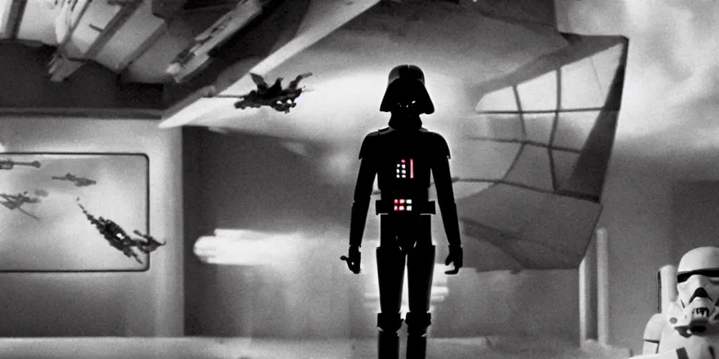 Prompt: a still from a film of a dark figure standing in front of a large window with a live action Star Wars space battle, 35mm, directed by George Lucas, miniatures, ILM