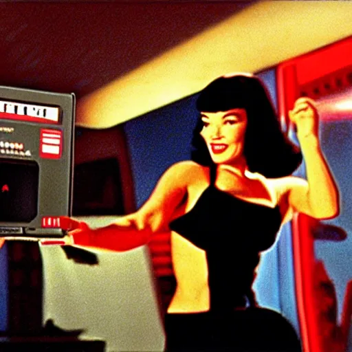 Prompt: a still of Bettie Page playing with a NES controller, in the movie 2001 A Space Odyssey, highly detailed and intricate, cinematic lighting, 4k HDR