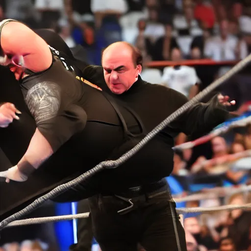 Prompt: Paul Heyman climbing into a wresting ring