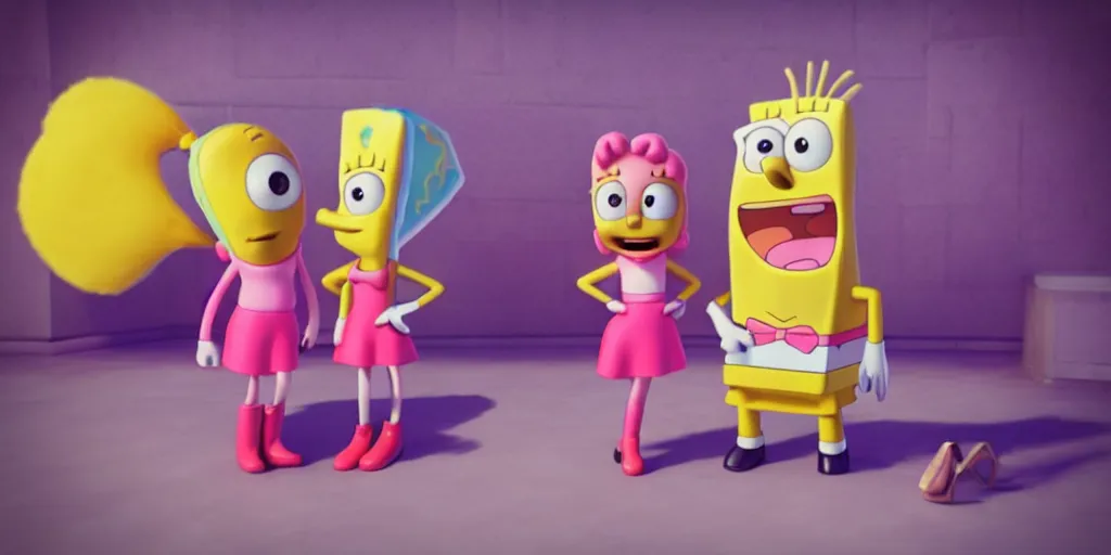 Image similar to “animated Ariana grande and SpongeBob hanging out. 4. Octane render, 4k, 8k, unreal 5, very detailed, hyper realism, trending on artstation.”