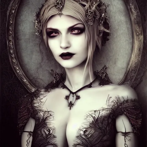 Image similar to full length portrait of a woman with timeless beauty & breathtaking eyes dressed in gothic attire, intricate, elegant, DSLR 8K, biblical art, realism, incomprehensible detail, final fantasy & silent hill aesthetic, photorealistic, lifelike, created by Razaras on deviantart