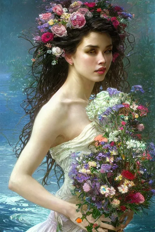 Image similar to portrait of a beautiful mysterious woman holding a large bouquet of flowing flowers, wet dripping long hair, hands hidden under the bouquet, emerging from the water, fantasy, regal, intricate, by stanley artgerm lau, greg rutkowski, thomas kindkade, alphonse mucha, loish, norman rockwell