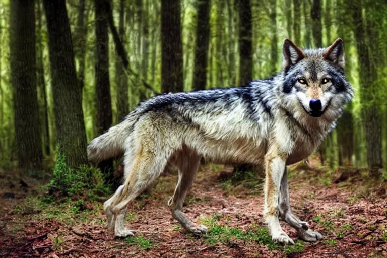 Prompt: hybrid consisting of a human and wolf, mostly wolf, photograph captured in the woods