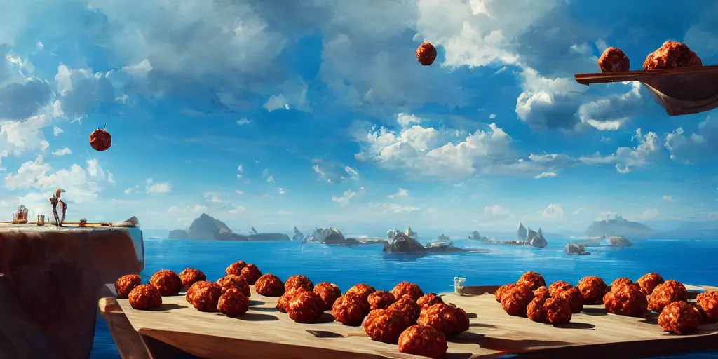 Prompt: Floating paellas and meatballs over a blue ocean, Darek Zabrocki, Karlkka, Jayison Devadas, Phuoc Quan, trending on Artstation, 8K, ultra wide angle, pincushion lens effect.