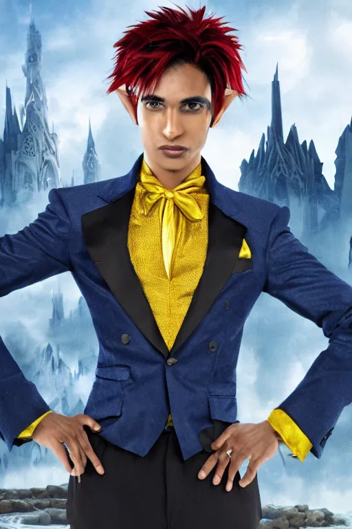 Image similar to portrait of a beautiful androgynous actress with long messy spiked red hair, golden eyes, dark skin, and tufted elf ears and dressed in a blue men's suit with a yellow tie, standing on a stone bridge with a fantasy metropolis of tall stone towers in the background