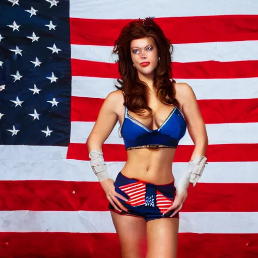 Image similar to daisy Duke from the dukes of hazard posing with the American flag, wide shot, realistic, 8k resolution, hyperdetailed, highly detailed, real life, outside lighting, high quality, photo