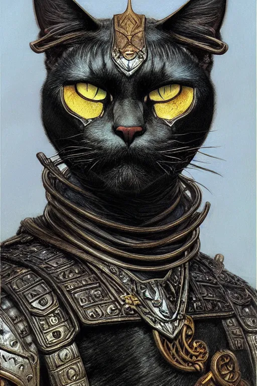 Prompt: head and shoulders portrait of a warrior, tabaxi, black cat, male, breastplate, magical, high fantasy, d & d, by donato giancola, face details, extremely detailed, digital illustration