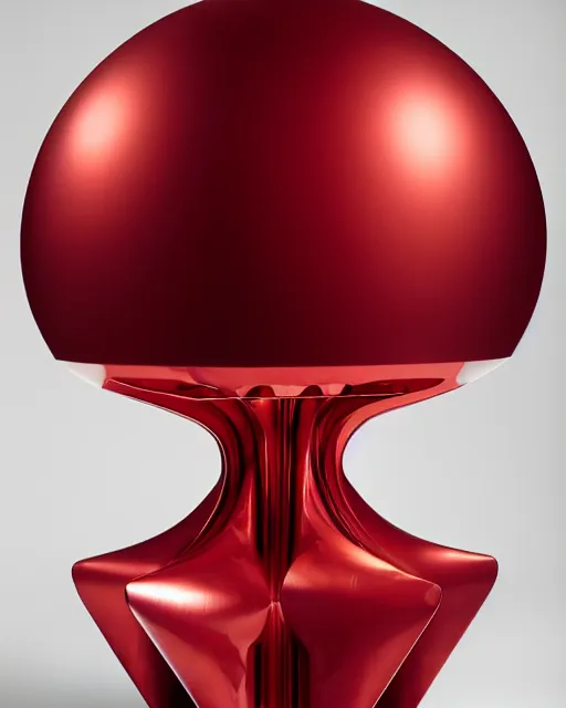 Prompt: sculptural table lamp designed by iris van herpen, red metal, advertising photography