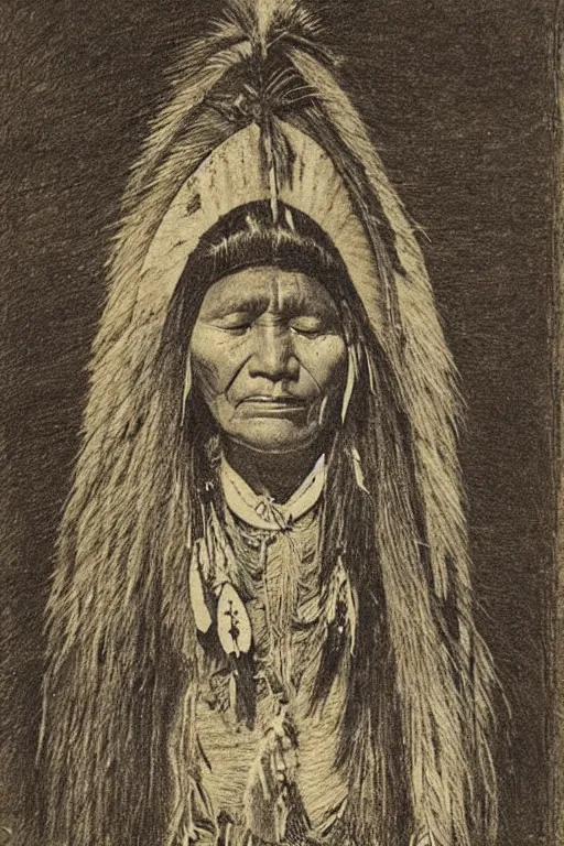 Image similar to “19th century wood engraving of a Native American indian, squaw, portrait, Nanye-hi (Nancy Ward): Beloved Woman of the Cherokee, pain and sadness on his face, drawn with charcoal pencil, ancient”