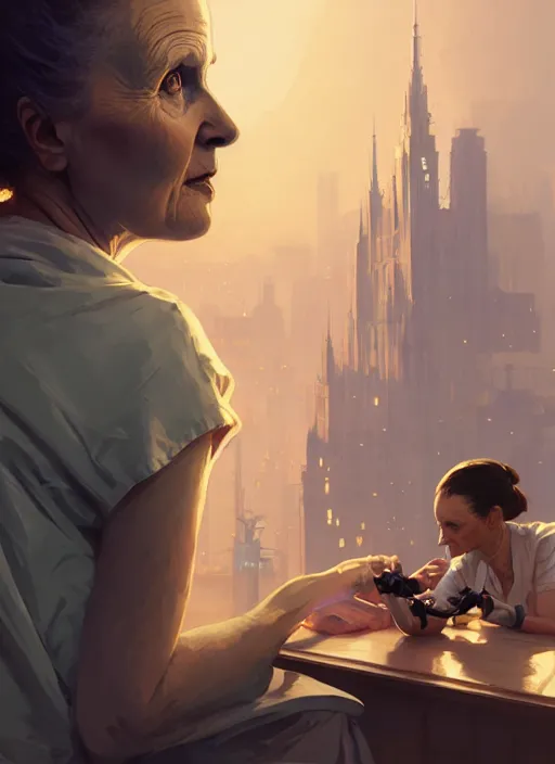 Image similar to highly detailed portrait marie curie getting vaccinated in gta v, stephen bliss, unreal engine, fantasy art by greg rutkowski, loish, rhads, ferdinand knab, makoto shinkai and lois van baarle, ilya kuvshinov, rossdraws, tom bagshaw, global illumination, radiant light, detailed and intricate environment