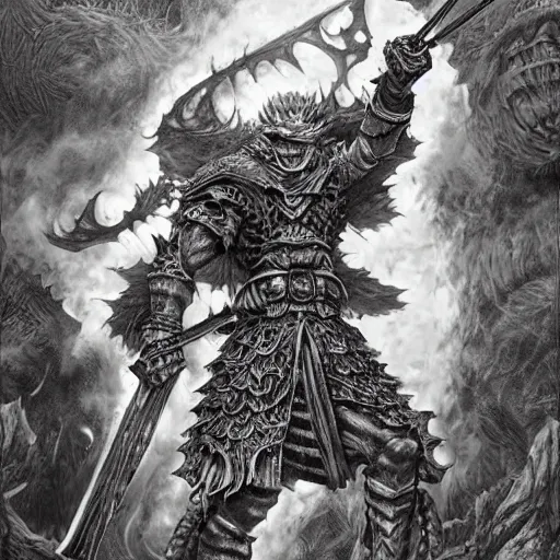 Prompt: intricate detailed burger warrior with huge swod, dark fantasy art by kentaro miura