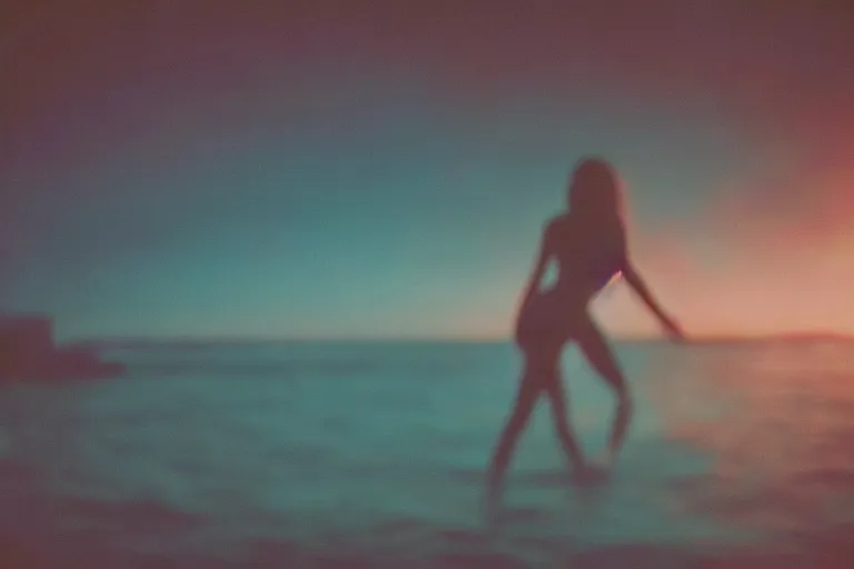 Prompt: colored film photography, tumblr aesthetic, close-up from behind woman swimming in ocean at night, blue light