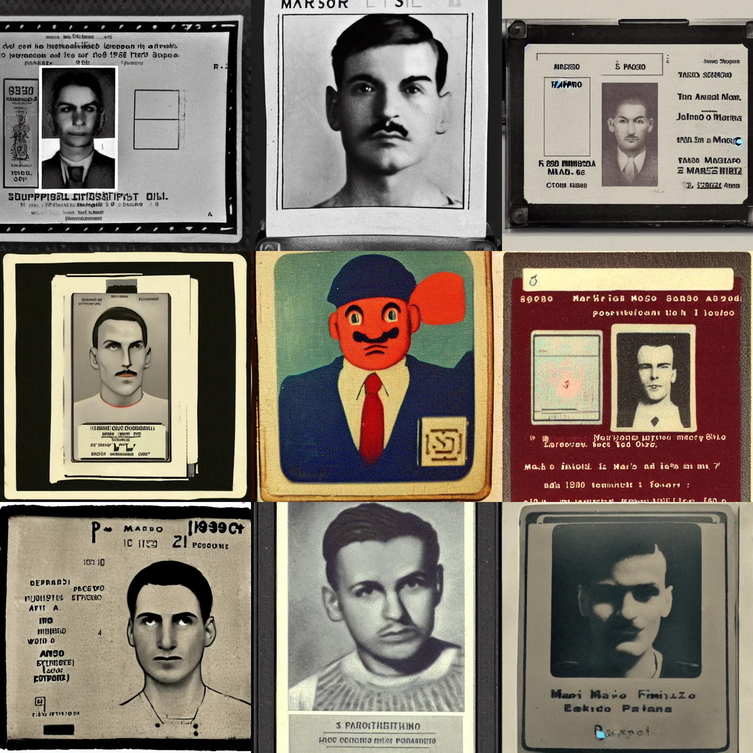 Prompt: 1930s passport portrait of Super Nintendo’s Mario Mario arriving at Ellis Island