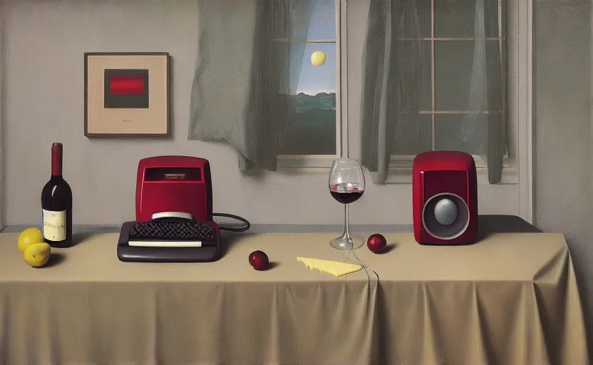 Image similar to an achingly beautiful still life featuring tillamook cheese, and red wine and an old computer by Raphael, Hopper, and Rene Magritte. detailed, romantic, enchanting, trending on artstation.