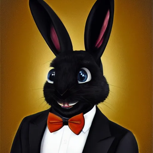 Image similar to A extremely highly detailed majestic hi-res beautiful, highly detailed head and shoulders portrait of a scary terrifying, horrifying, creepy black cartoon rabbit with a bowtie and scary big eyes, earing a shirt laughing, hey buddy, let's be friends, in the style of Walt Disney