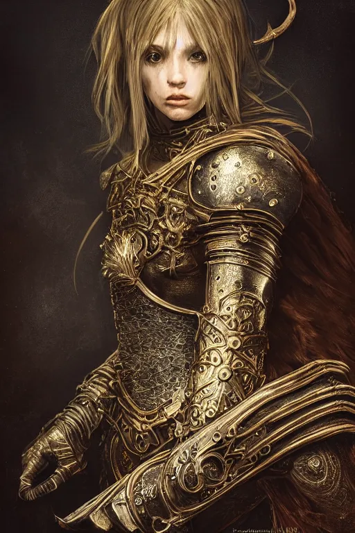 Prompt: portrait of a Girl Knight,Dark Souls 3 themed, insanely detailed and intricate, golden ratio, elegant, ornate, luxury, elite, ominous, haunting, matte painting, cinematic, cgsociety, James jean, Brian froud, ross tran, Laputa