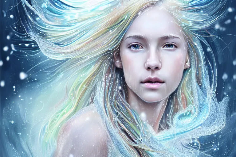 Image similar to highly detailed portrait of a beautiful girl running in snow with wet blonde hair and pale face, swirling wispy tendrils, bright scattered rainbow-colored particles, fantasy, intricate, elegant, dramatic lighting, emotionally evoking symbolic metaphor, highly detailed, lifelike, photorealistic, digital painting, artstation, concept art, smooth, sharp focus, illustration, art by John Collier and Albert Aublet and Krenz Cushart and Artem Demura and Alphonse Mucha