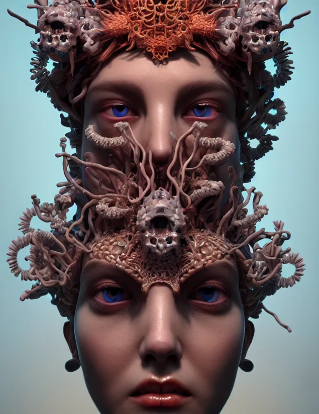 Image similar to symmetrical, centered, zbrush sculpt of goddess close-up portrait wigh crown made of skulls. phoenix betta fish, phoenix, bioluminiscent creature, super intricate ornaments artwork by Tooth Wu and wlop and beeple and greg rutkowski