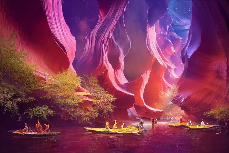 Prompt: floating markets of times square river on bioluminescent wave in antelope canyon during sakura season on an interstellar aurora borealis, gold waterfalls, vendors, festivals, fun, by peter mohrbacher, james jean, james gilleard, greg rutkowski, vincent di fate, rule of thirds, octane render, beautiful landscape