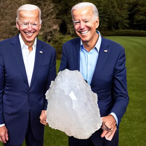 Image similar to UHD candid photo of Joe Biden and Hunter Biden holding up a giant quartz crystal, wearing clown makeup, UHD, photorealistic, correct face, photo by Annie Leibowitz