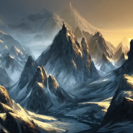 Image similar to Mountain Ranges of Skyrim, Nature Landscape, Detailed, Featured on artstation, concept painting, epic fantasy, inspiring mountains, 4K ultra HD